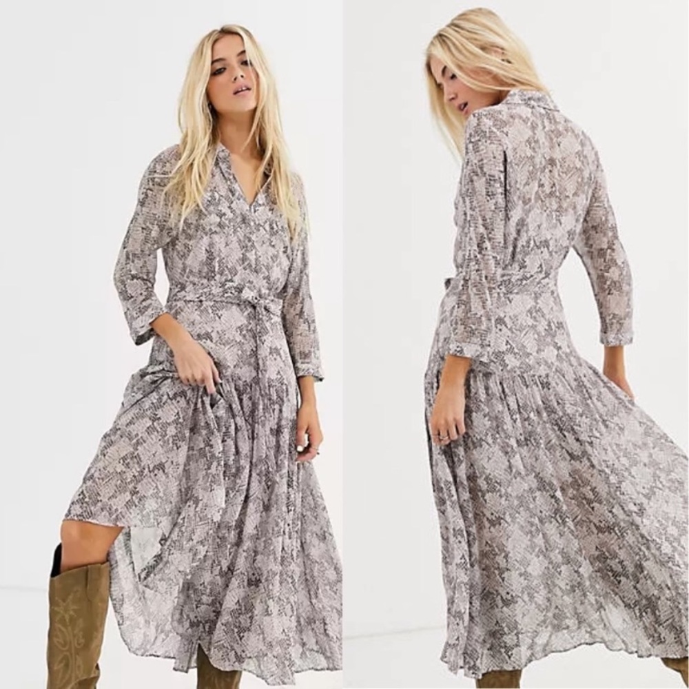 Allsaints Eley Midgard Snake Print Boho Sheer Belted Midi Dress